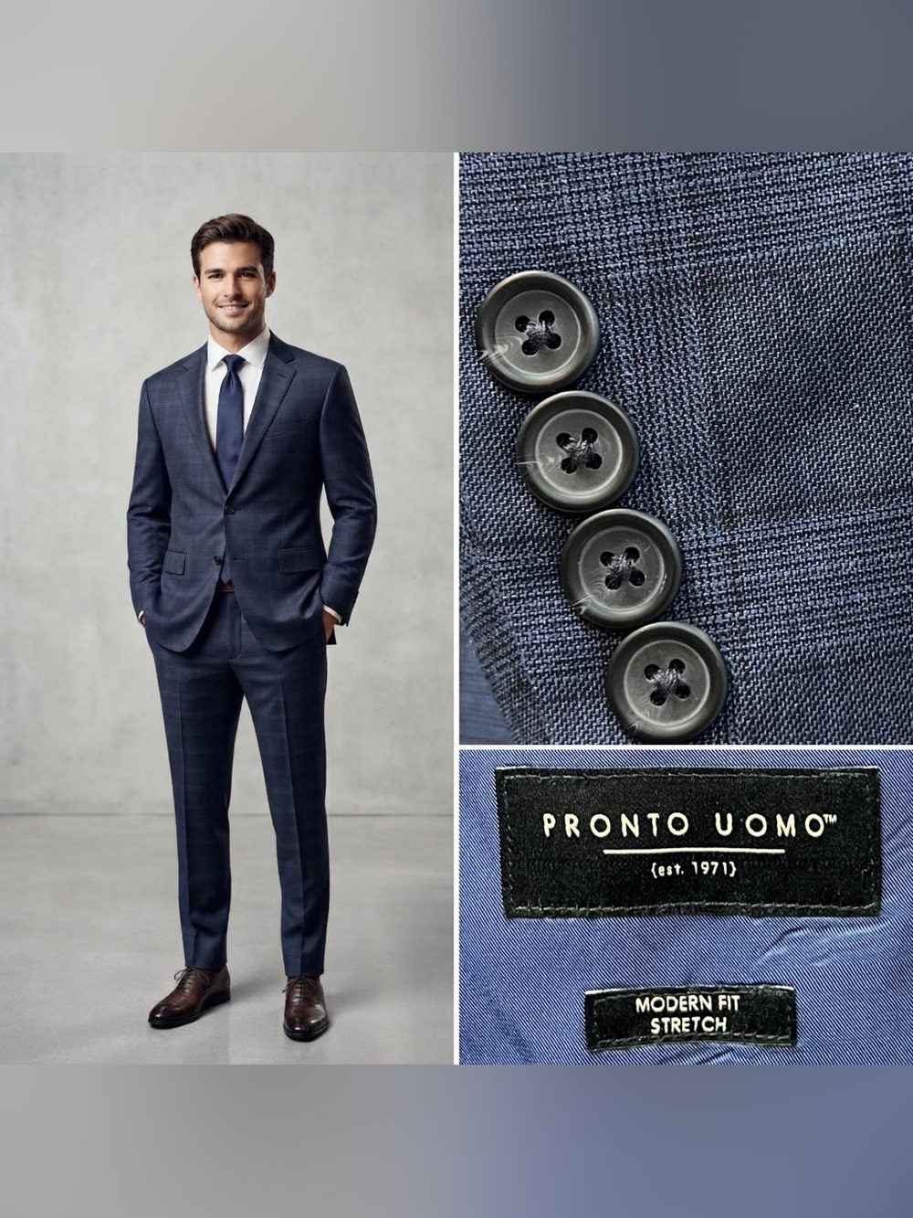 Pronto Uomo Men's 54R Blazer 49x29 Pants Blue Plaid Modern Fit Stretch Suit